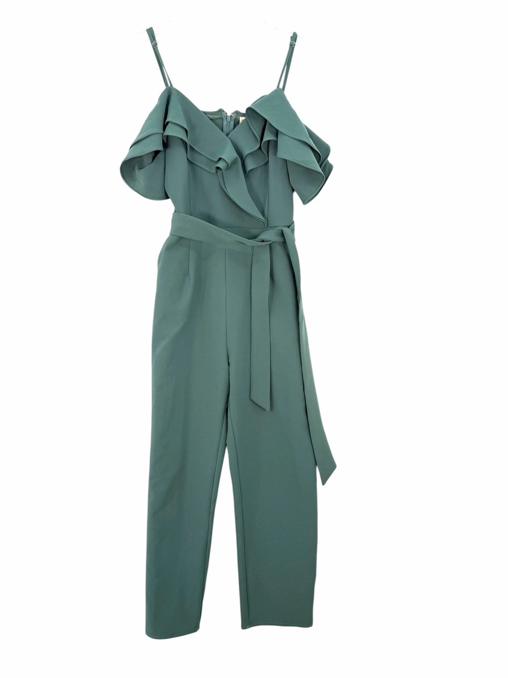 Main Strip Teal Sage Surplice Ruffle off the shoulder Jumpsuit with Self Tie